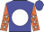 Blue, white ball, silver stars on orange sleeves, blue cap